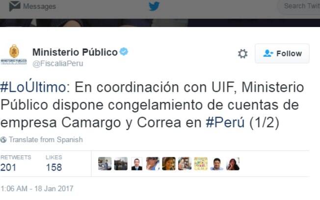 Ministério Público do Peru anunciou decisão sobre a Camargo Corrêa na noite desta terça-feira (17) pelo Twitter