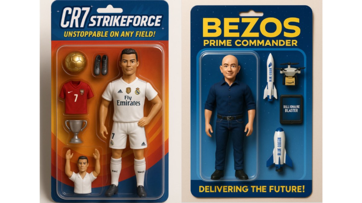 O jogador Cristiano Ronaldo e o bilionário Jeff Bezos como bonecos na caixa, feitos pelo ChatGPT O jogador Cristiano Ronaldo e o bilionário Jeff Bezos como bonecos na caixa, feitos pelo ChatGPT