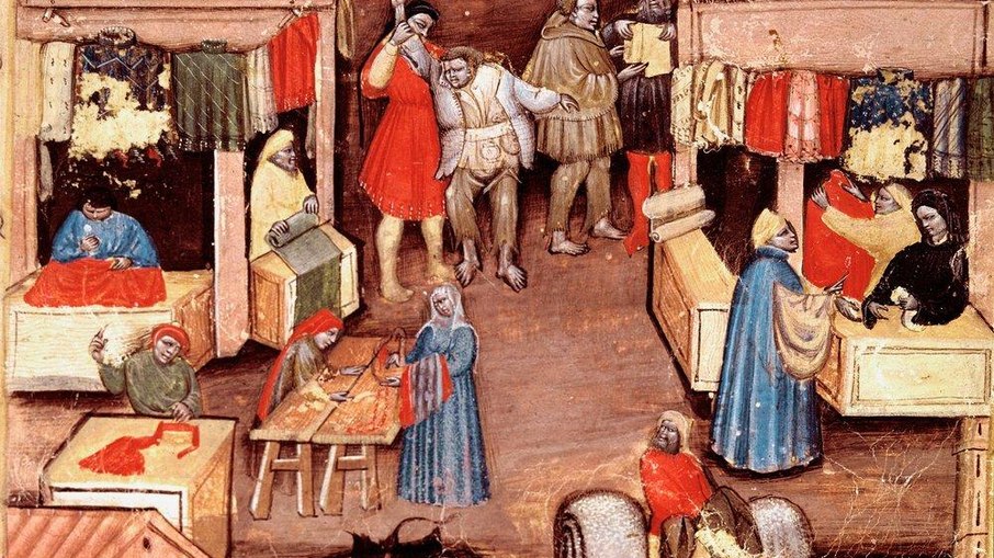 Esta famosa iluminura italiana mostra o mercado de tecidos na Porta de Ravena, em Bolonha, detalhando o comércio da guilda dos mercadores da época e o cotidiano urbano medieval