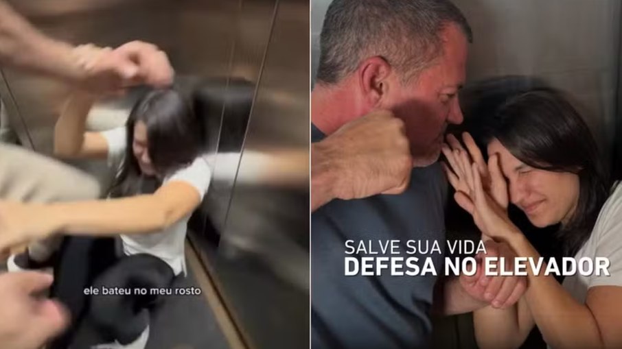 Kyra Gracie e Malvino simulam ataque em elevador