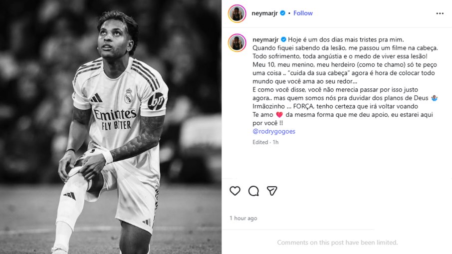 Neymar presta apoio a Rodrygo, fora da Copa do Mundo