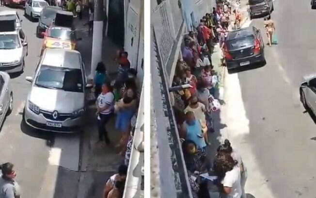 Pessoas fizeram filas para receber cestas básicas de aliados do prefeito Bruno Covas (PSDB)