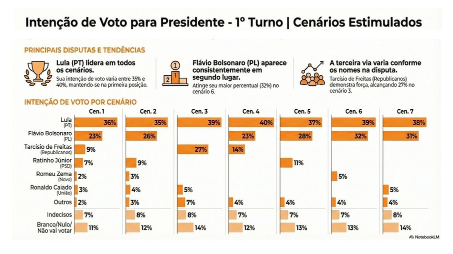 Este infográfico resume uma pesquisa Genial/Quaest sobre as intenções de voto para presidente no primeiro turno. Ele ilustra como a preferência do eleitorado muda com base nos diferentes conjuntos de candidatos apresentados em cada um dos sete cenários Este infográfico resume uma pesquisa Genial/Quaest sobre as intenções de voto para presidente no primeiro turno. Ele ilustra como a preferência do eleitorado muda com base nos diferentes conjuntos de candidatos apresentados em cada um dos sete cenários