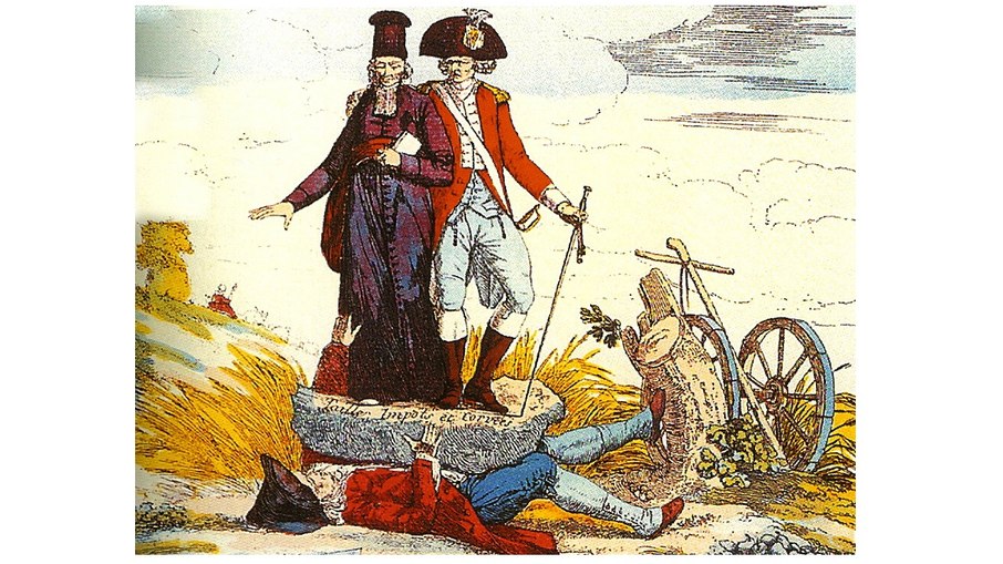 Esta é uma caricatura francesa do século XVIII, representando o clero e a nobreza esmagando o Terceiro Estado sob o peso dos impostos.A pedra que esmaga o camponês carrega as inscrições 