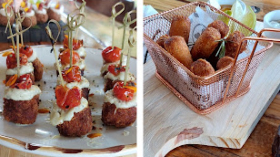 Em ordem: quibe vegano, mini parmegiana e croquete de costela Em ordem: quibe vegano, mini parmegiana e croquete de costela