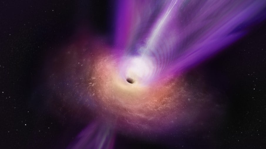 Na concepção da imagem, o jato maciço do buraco negro é visto subindo do centro do buraco negro