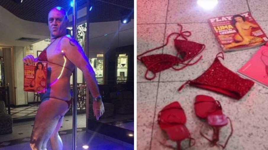 Oscar Maroni com o biquini de Luma de Oliveira