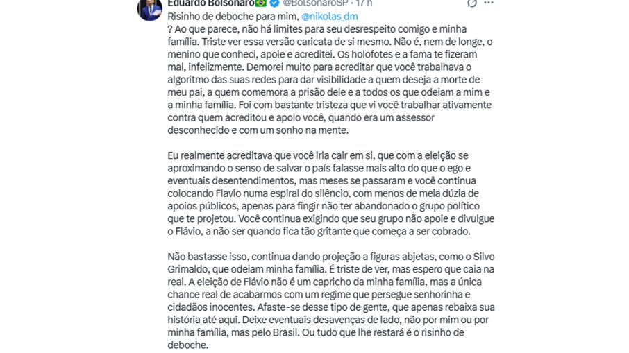 Eduardo Bolsonaro faz críticas a Nikolas Ferreira na rede social X