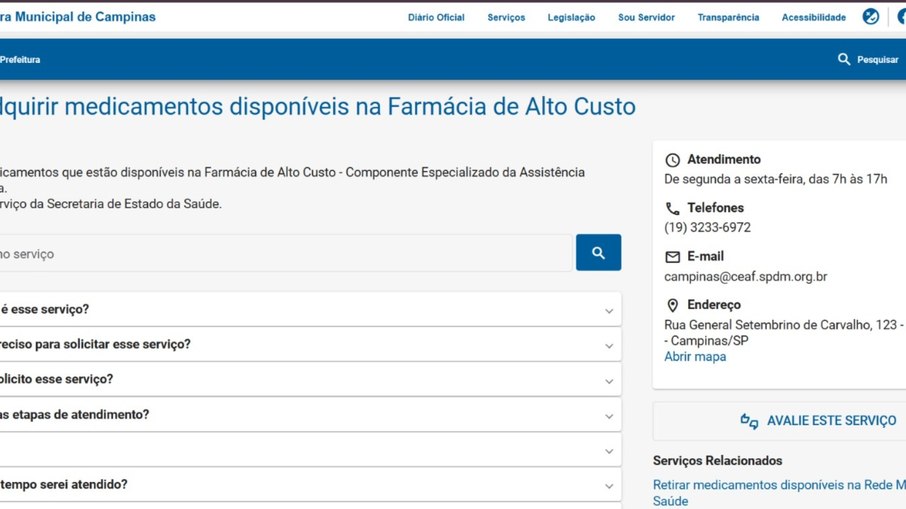 Página com informações sobre a farmácia de alto custo