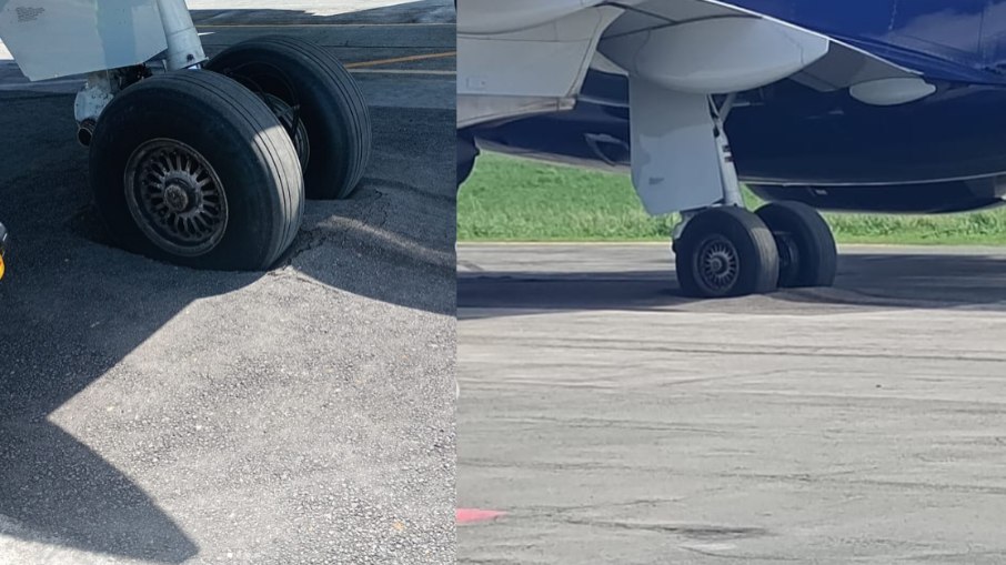 A roda do seu trem de pouso traseiro do avião ficou presa no chão A roda do seu trem de pouso traseiro do avião ficou presa no chão