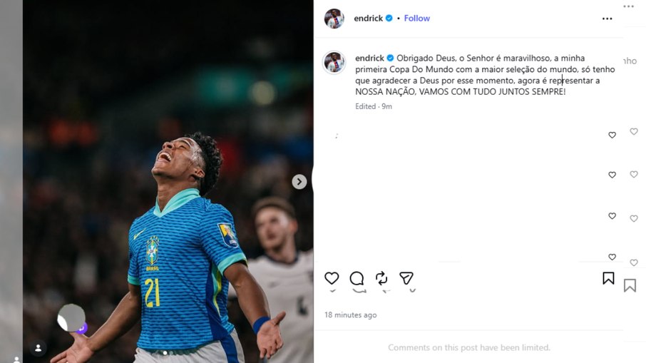 Endrick agradece convocação à Copa do Mundo