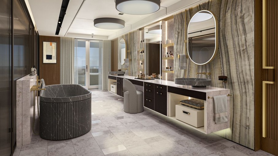 A suíte tem banheiros de luxo