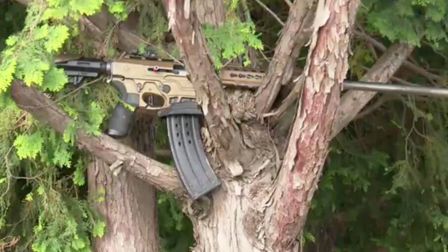 Arma de alto calibre foi abandonada em árvore