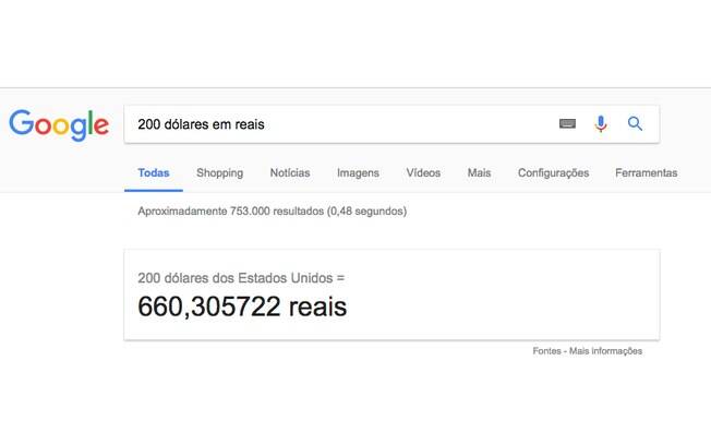 É possível usar o Google como conversor de moedas.