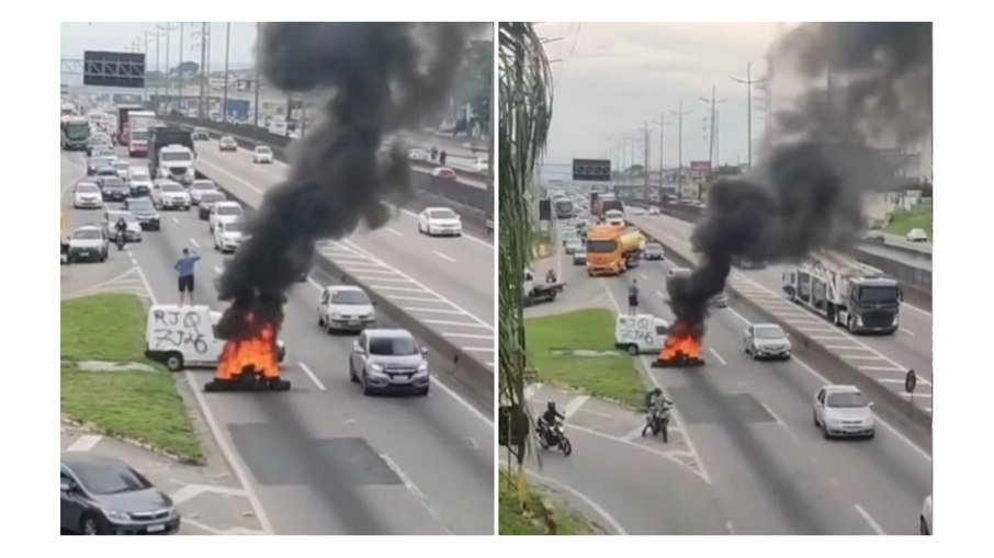 Homem surta e incendeia pneus na via Dutra; assista Homem surta e incendeia pneus na via Dutra; assista