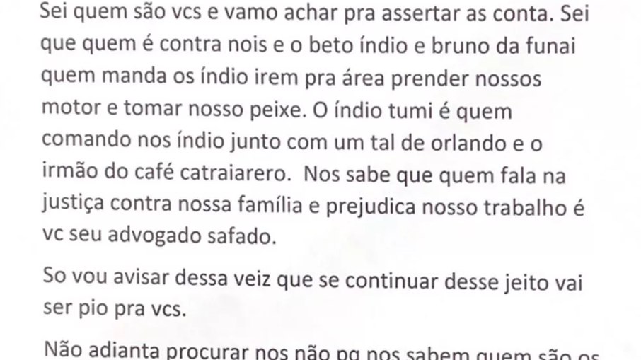 Bilhete enviado por pescadores ilegais mencionam ameaças a liderança indígena e ao servidor da Funai 