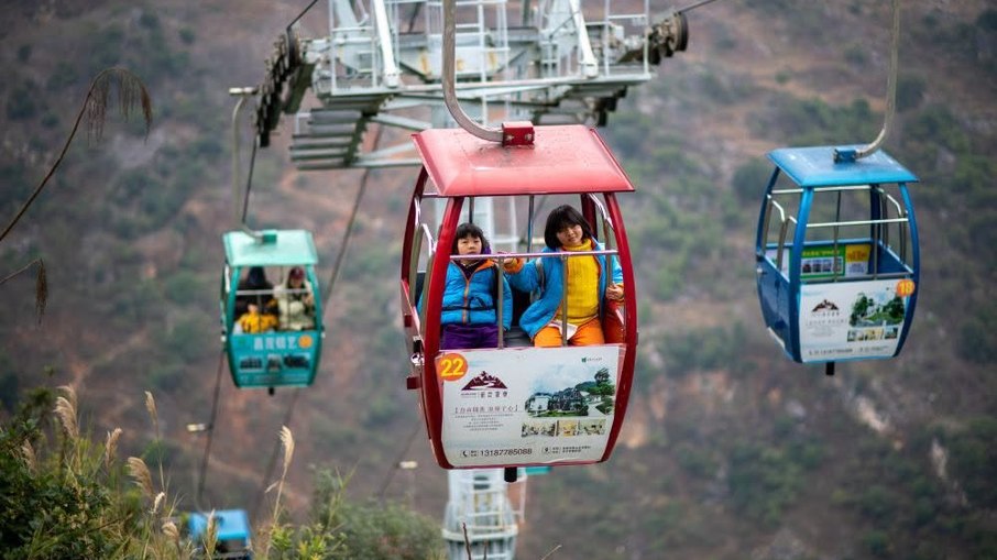 Teleférico usado depois dos elevadores de Xuanwei, na China Teleférico usado depois dos elevadores de Xuanwei, na China