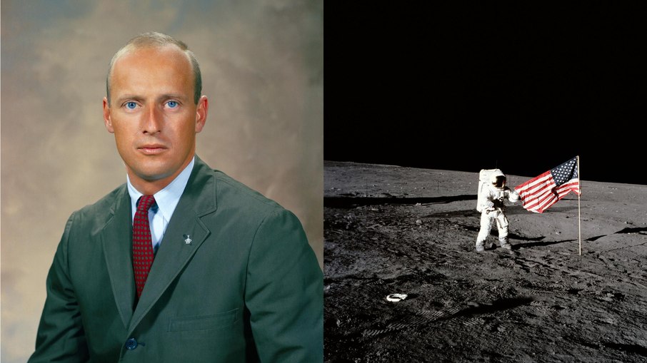 Pete Conrad, comandante da Apollo 12, em retrato oficial da NASA e durante a segunda missão da história a realizar um pouso tripulado na Lua, em 1969