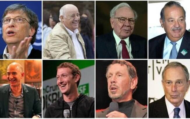 Da esquerda para a direita, o clube dos homens mais ricos do mundo: Bill Gates, Amancio Ortega, Warren Buffett, Carlos Slim, Jeff Bezos, Mark Zuckerberg, Larry Ellison e Michael Bloomberg
