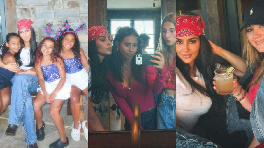 Kim Kardashian aproveita o feriado nacional ao lado da família e amigos