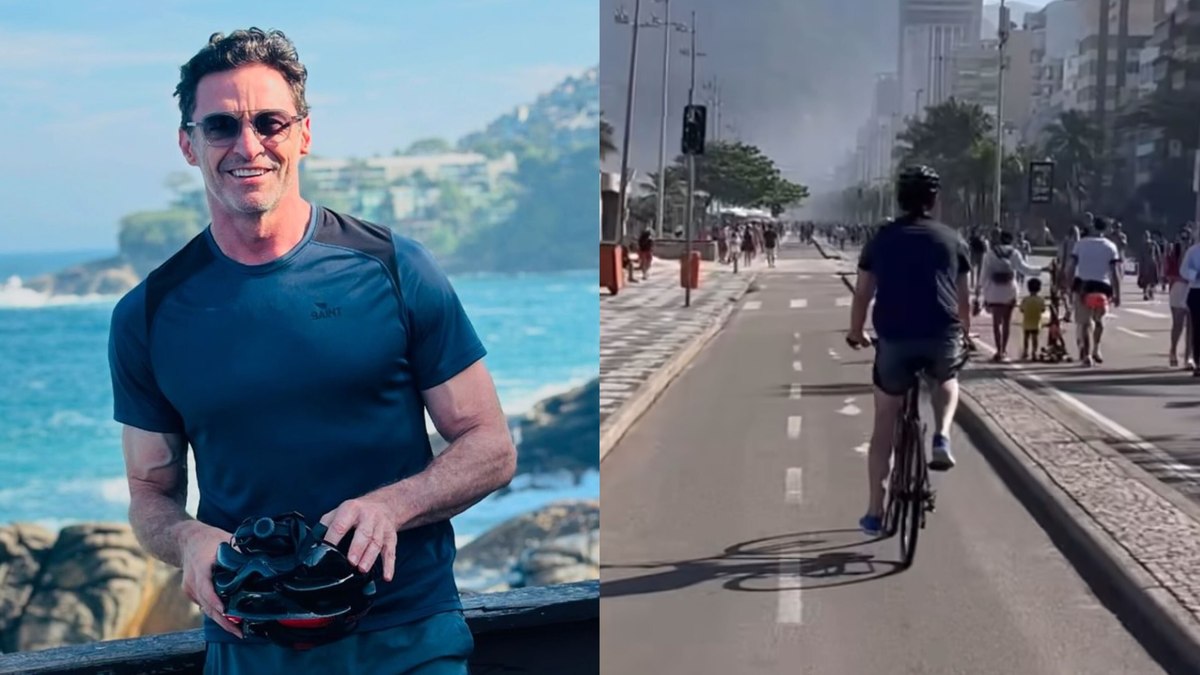 Hugh Jackman passeia de bicicleta no Rio de Janeiro