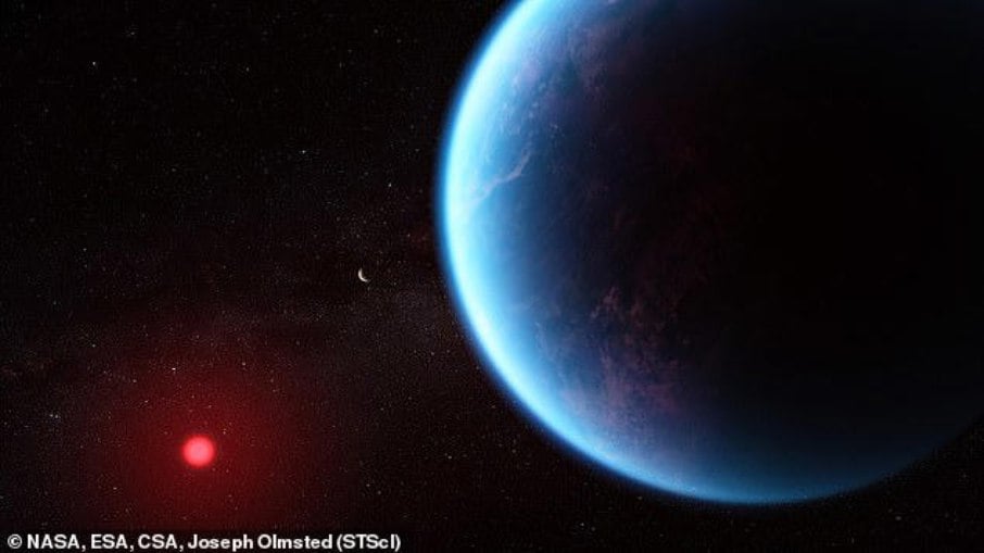 O K2-18 b orbita uma pequena estrela fria mostrada em vermelho, longe o suficiente para que sua temperatura suporte vida. 