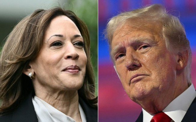 Fotomontagem de Kamala Harris e Donald Trump