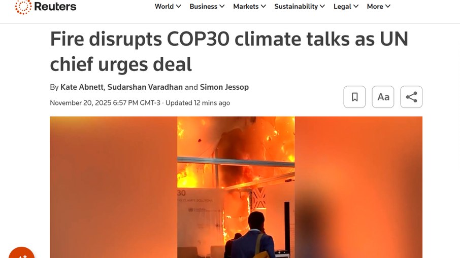 A agência Reuters destacou o atraso nas negociações e a proximidade com o fim da COP30.