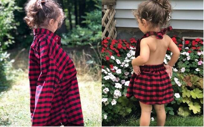 Reciclando roupas, Carli Grant decidiu transformar uma camisa do marido que ia ser doada em um vestido novo para a filha