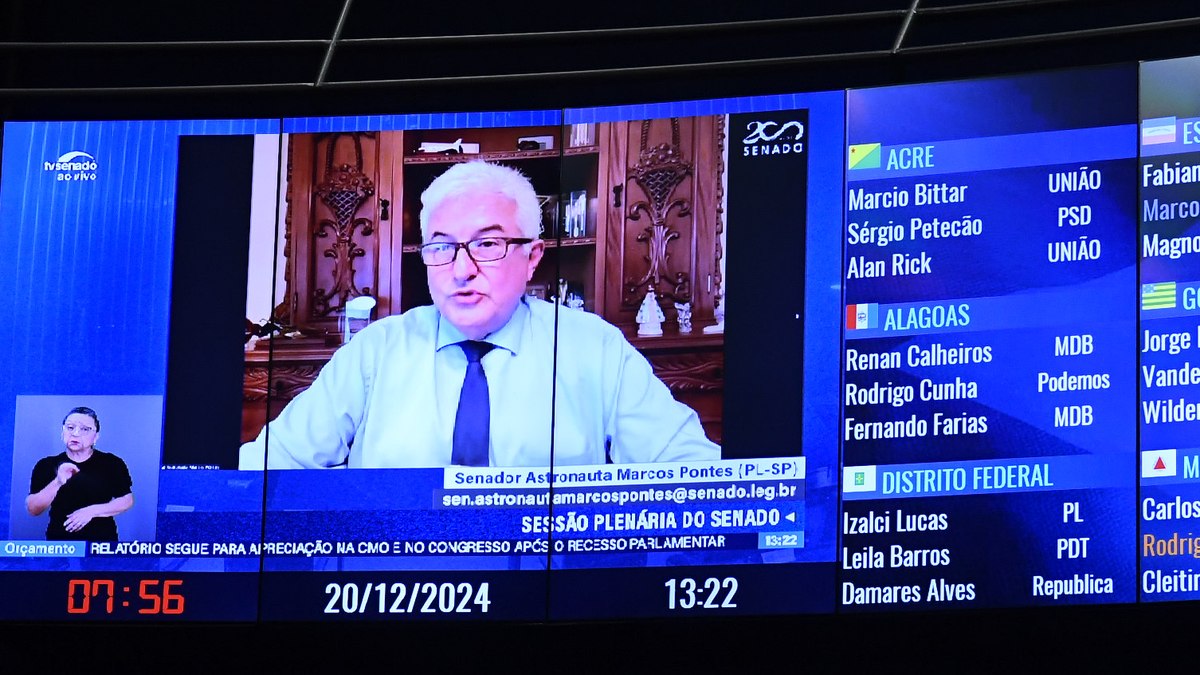 Plenário do Senado Federal durante sessão deliberativa extraordinária. Ordem do dia. Painel exibe, senador Astronauta Marcos Pontes (PL-SP) via videoconferência.