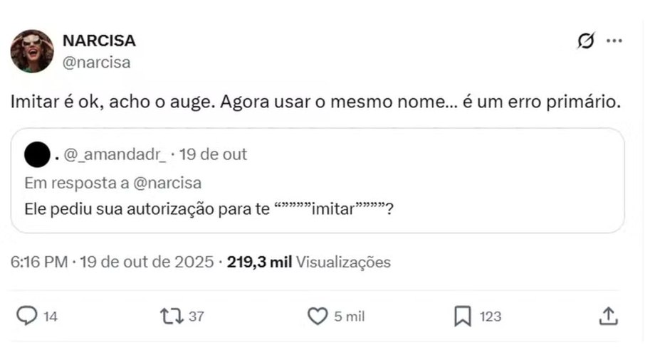 Narcisa critica imitação de Tiago Barnabé e dispara: “Humorista que não tem graça?”