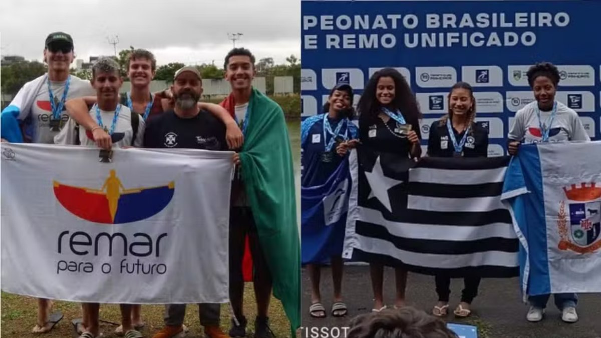  Henri Fontoura, João Kerchiner, João Milgarejo e Samuel Lopes juntos do técnico Oguener Tissot. Ao lado, Helen Belony Centeno, Evelen Cardoso, Vitória Brandão e Isabela Silveira