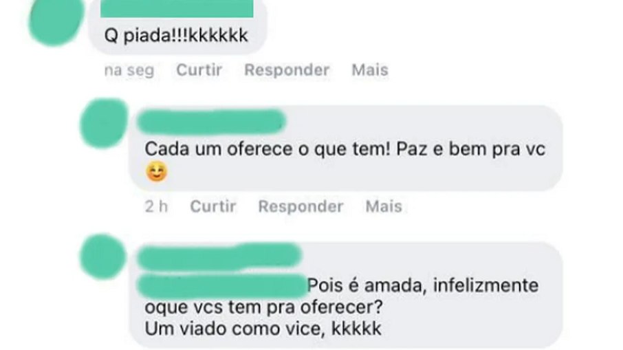 Print da conversa em comentários de um vídeo na rede social em que mulher chama Filipe Schmitz de 'viado'