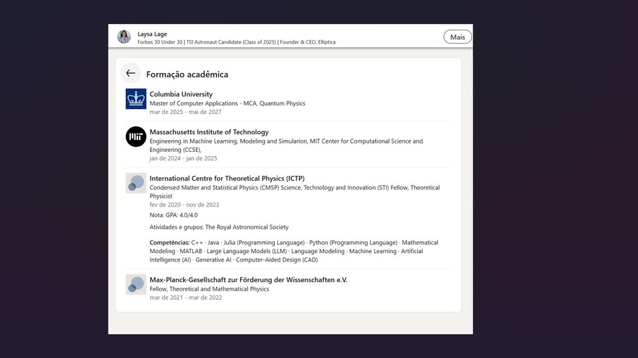 Antes de apagar sua página no LinkedIn, Laysa afirmava ter iniciado, em janeiro de 2024, um curso de 12 meses na área de Engineering in Machine Antes de apagar sua página no LinkedIn, Laysa afirmava ter iniciado, em janeiro de 2024, um curso de 12 meses na área de Engineering in Machine