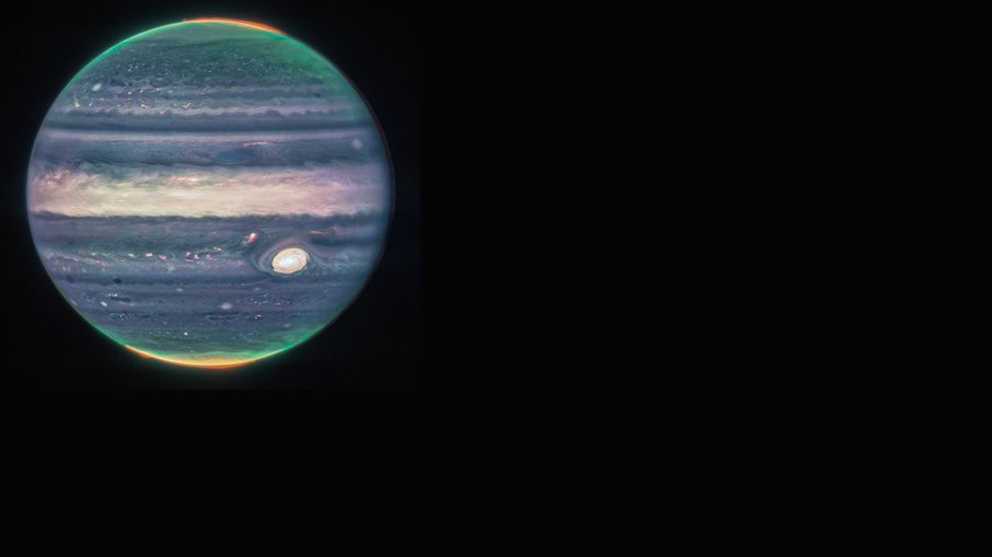 Foto mostra Júpiter por meio de três filtros do telescópio: vermelho; amarelo e verde; e azul