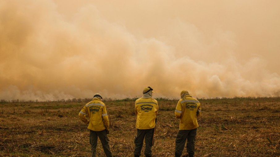 Brigadistas do ICMBIO observam cortina de fumaça por conta do incêndio florestal que atinge o Pantanal