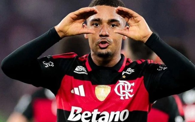 Samuel Lino comemora o seu gol, que classificou o Flamengo para as quartas de final da Libertadores