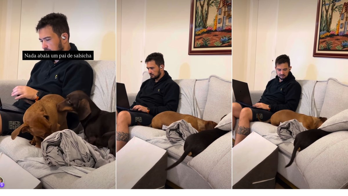 enquanto salsichas causam, pai mantém a tranquilidade
