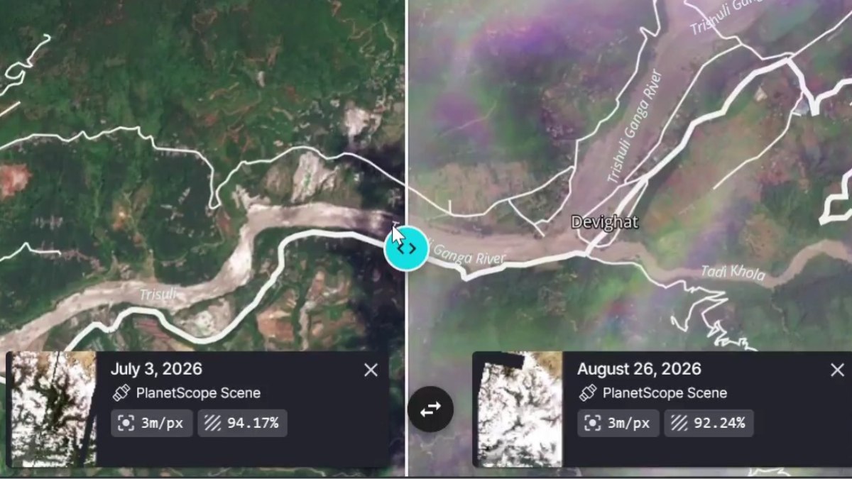 Imagem de satélite da área de Devighat antes (03/07/2026) e depois (26/08/2026) da enchente no rio Bhote Koshi Imagem de satélite da área de Devighat antes (03/07/2026) e depois (26/08/2026) da enchente no rio Bhote Koshi