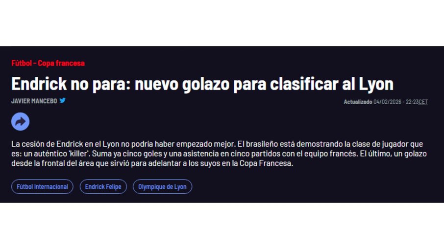 Endrick decide pelo Lyon e vira destaque de jornais estrangeiros (Marca) Endrick decide pelo Lyon e vira destaque de jornais estrangeiros (Marca)