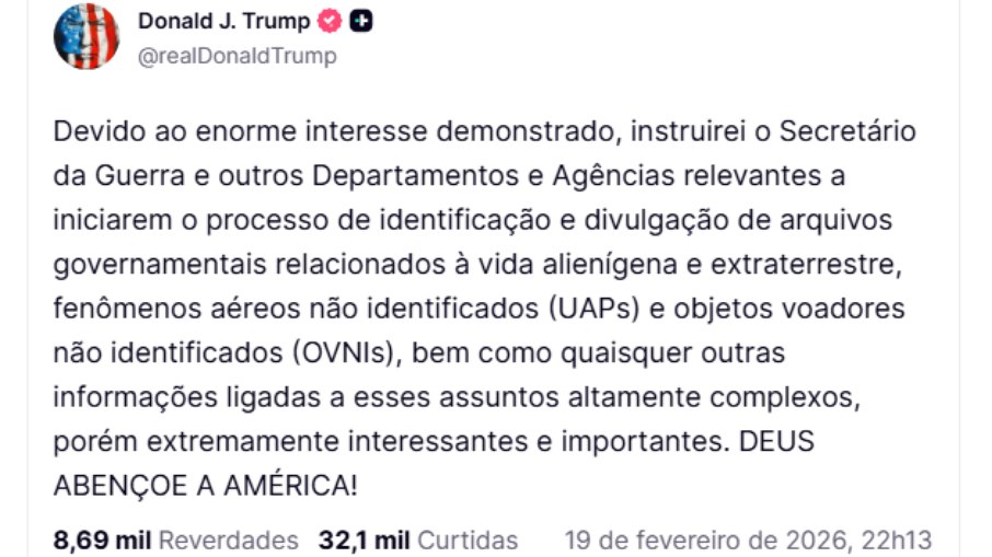 Publicação realizada por Donald Trump, em seu perfil da rede social, Truth Social Publicação realizada por Donald Trump, em seu perfil da rede social, Truth Social