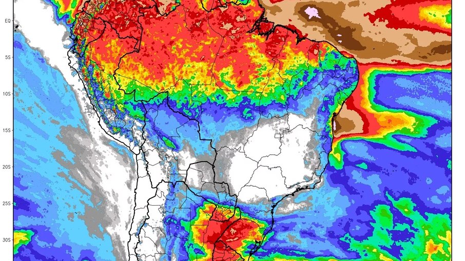 Nas áreas marcadas em vermelho, deve haver mais chuvas. Nas áreas em branco e cinza, onde o tempo permanece seco