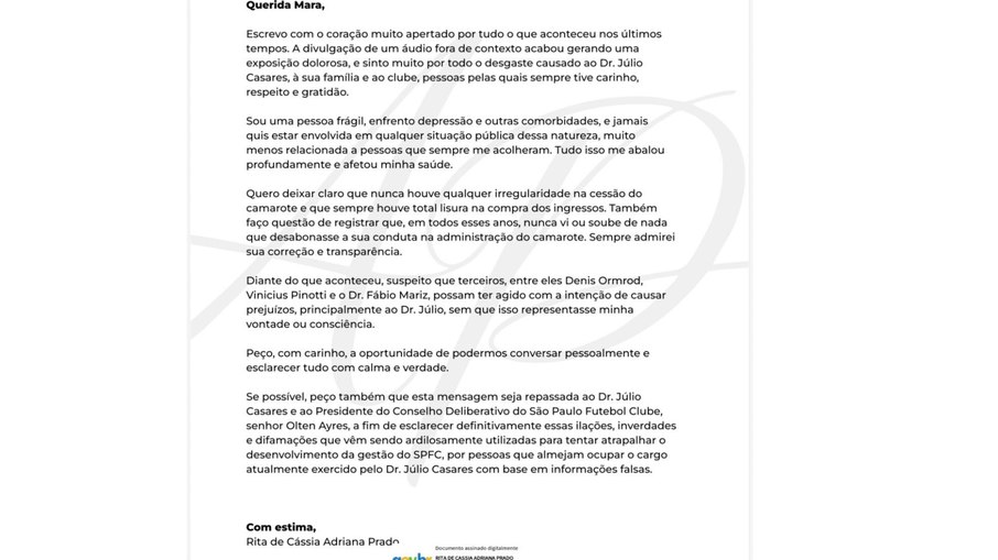 Rita de Cássia Adriana Prado, intermediária do caso da venda ilegal de um camarote do Morumbis, agora apoio Casares