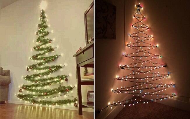 Esse típo de árvore também pode ser feita diretamente com festões e cordões de luzes no local escolhido
