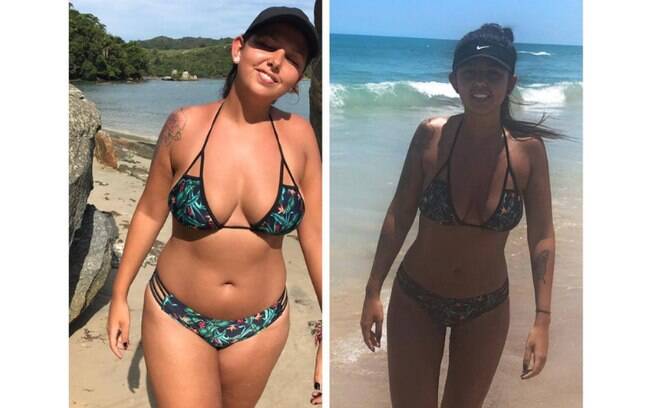 Ana Caroline em um 'antes e depois' na praia. Na foto da direita, ela está com o peso atual, que é 65 kg