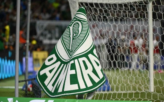 Endrick pega o escudo do Palmeiras que estampa o o gramado do Allianz e cobre como um manto durante a comemoração do gol - 