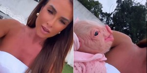 Nicole Bahls choca seguidores ao surgir com bebê reborn de porco
