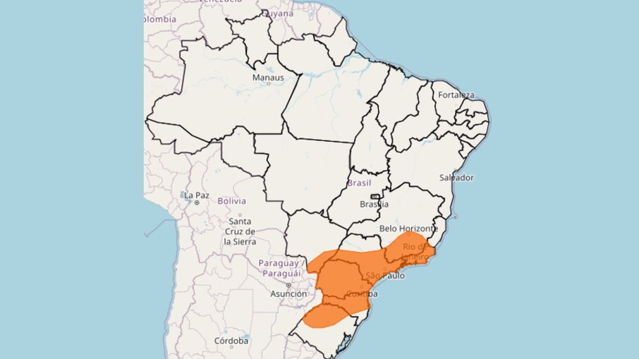 Mapa mostra área laranja que tem alerta de tempestade para este final de semana