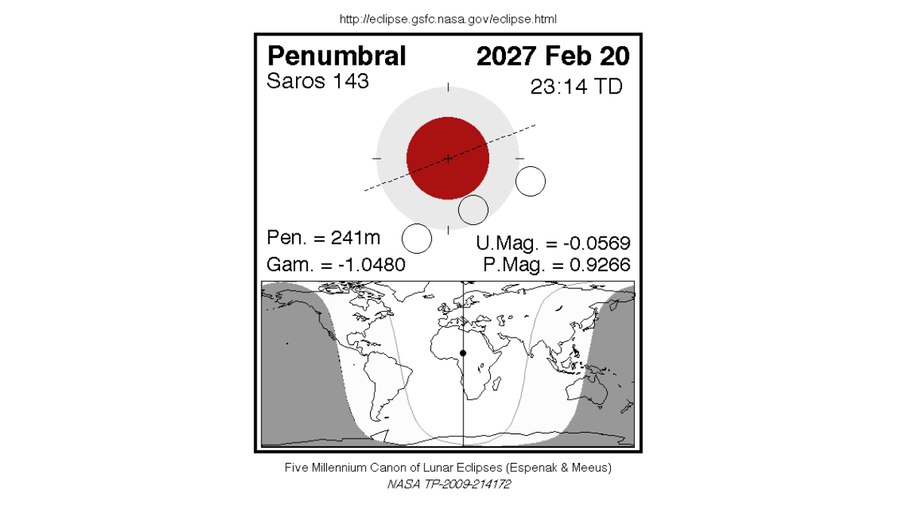 Próximo eclipse lunar previsto pela NASA será penumbral e acontecerá em 20 de fevereiro de 2027