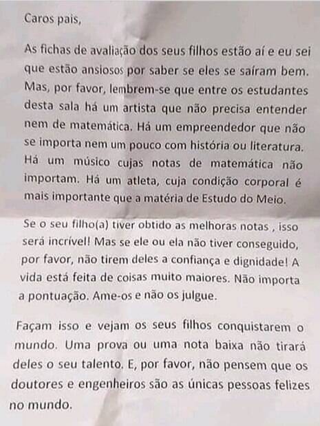 bilhete positivo sobre como os alunos são talentosos apesar das notas